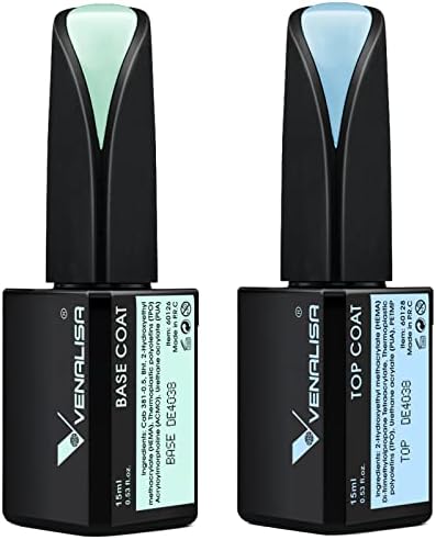 VENALISA 2 Pcs 15ml Gel Nail Ploish Base and Top Coat Set, No Wipe Gel Top Coat, High Gloss Long Lasting Tempered Coat Polish Kit