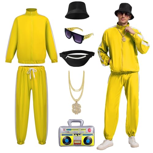 NFAUEIK 80s Tracksuit for Men 90s Hip Hop Outfi Retro Rapper Windbreaker Costume for Disco Party. (Yellow XL)
