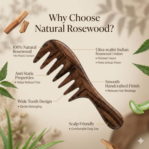 Image of Anti-Hair Fall Indian Rosewood Wooden Comb for Hair - Anti Static Sheeham Wood Comb - Extra Wide Tooth Natural Hair Comb for Men & Women - Handmade Detangling Comb for Curly , Thick & Long Hair - Anti Frizz Scalp Massage - Pack of 1