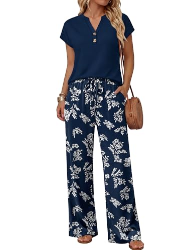 WIHOLL Two Piece Set for Women Summer Outfits Cruise Travel Airport Beach Vacation Clothes Dressy Trendy Lounge Sets Matching Women Clothing Wide Leg Pants Set S