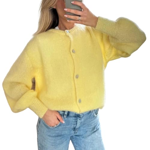 Genérico Suéter de Punto Abierto, Ajustado, con Botonadura Sencilla, Ligeramente elástico, Liso, Suelto, Suave, de Manga Larga (Amarillo X)