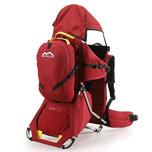 Montis Explore Nexus Kraxe - Mochila portabebés (hasta 25 kg, con muchos extras, modelo premium, peso ligero, apto para ambos padres, mejor comodidad con soporte vertebral, color rojo)