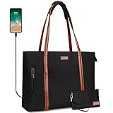 Laptop Tote Bag for Women Teacher Work Office USB Bags Fits 15.6 inches Laptop Lightweight Water Resistant Nylon Tote Bag (Black and Brown Strap)