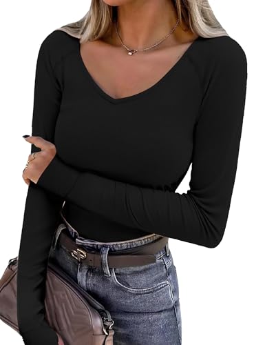 Wayleb Maglia Termica Donna Scollo a V, Leggera e Calda con Interno, Maniche Lunghe con Foro per Pollice, Ideale Come Primo Strato Invernale, Nero S