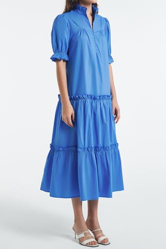 Image of D-Sun Women Casual Button Down Maxi Dress Short Puff Sleeves Stand Collar Tiered Elegant Flowy Swing Long Dress with Tie