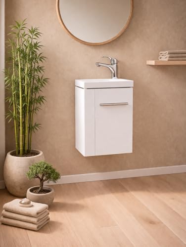 ONDÉE - Meuble Lave-Mains à Suspendre Collection Sam - Plan résine sans trop Plein - 1 Porte - Installation réversible - Poignée métallique...