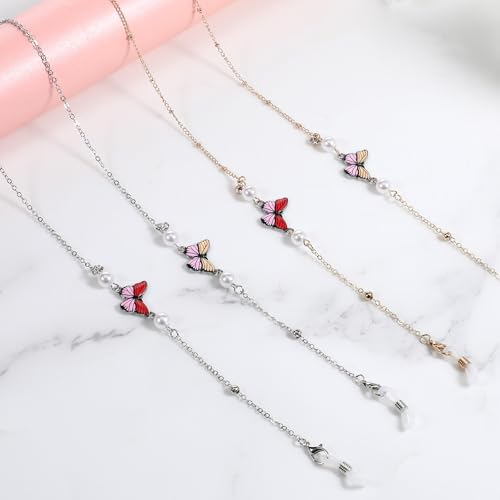 Skrfren Butterfly Glasses Chains, 2 PCS Stylish Eyeglass Chain for Women Butterfly Gold Bead Mask Lanyard Mask Chains and Cords, Eyeglass Necklace Eyewear Beaded Eye Glasses Strap Holders Around Neck