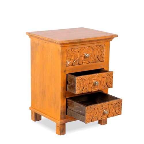 Image of Wooden Bedside Table for Bedroom | Solid Wood Astha Bedside Table with Drawers | Corner Side Table for Living Room | Traditional Handcrafted Furniture for Home Decor (Orange Distress)
