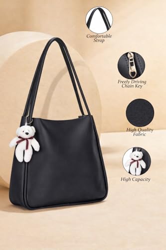 Image of SIJJEEL Women's Handbag Synthetic Leather Shoulder Bag with Bear Charm Tote One Size Women's Shoulder Bag Faux Leather Tote