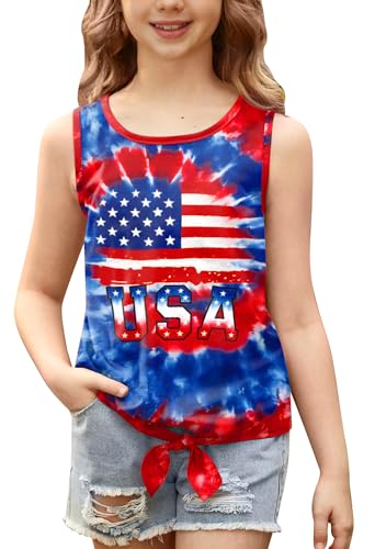 Image of July 4th Girls Patriotic Sleeveless Tie Knot Front Tank Top Stars Stripes Tee Shirt 4-14 Years