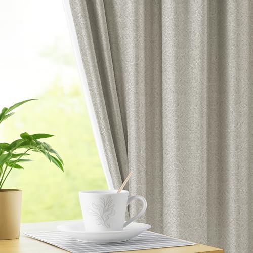 Image of LINENWALAS 100% Blackout Curtains for Door (7.5 Feet) - Set 2 Panels Linen Texture with Geometric Floral Pattern Complete Light Blocking with Thermal Insulated, Nose Reducing Backing (Stone Beige)