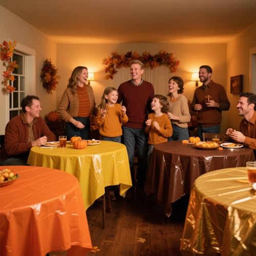 Image of 12 Pcs Fall Plastic Tablecloths Disposable Round Autumn Table Cover 84 Inch Waterproof Table Covers for Fall Harvest Thanksgiving Day Family Birthday Baby Shower Party Decorations