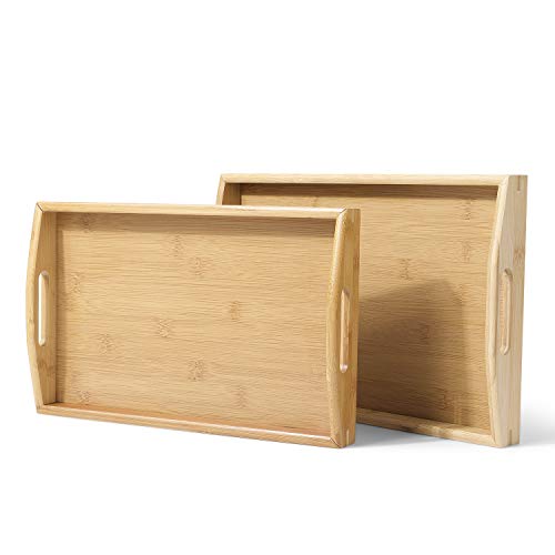 Flexzion Natural Bamboo Nesting Organizer Rectangle Breakfast Coffee Food Table Serving Tray