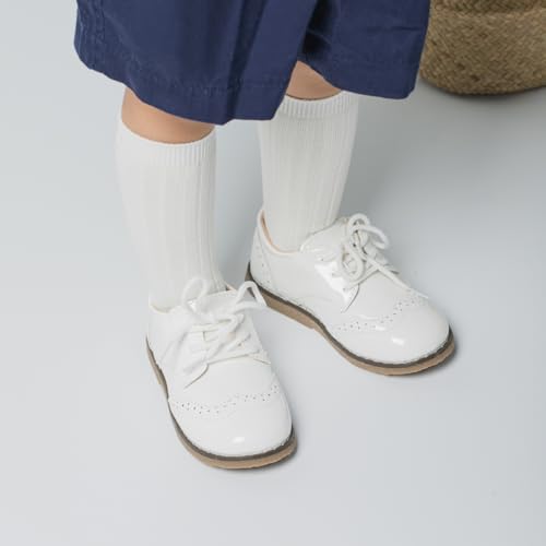 Image of Meckior Toddler Boys Girls Dress Shoes Little Kid Oxford Shoes Wedding Church Dress Shoes PU Leather Lace Up School Uniform Loafer Flats