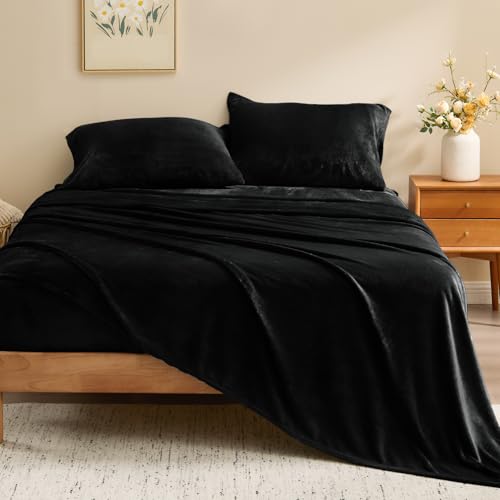 Image of BEDELITE Flannel Sheets King Size Black - Super Soft Fleece Sheets Set Fluffy Extra Plush, 4 Piece(Include Fitted Sheet, Flat Sheet, 2 Pillowcases)