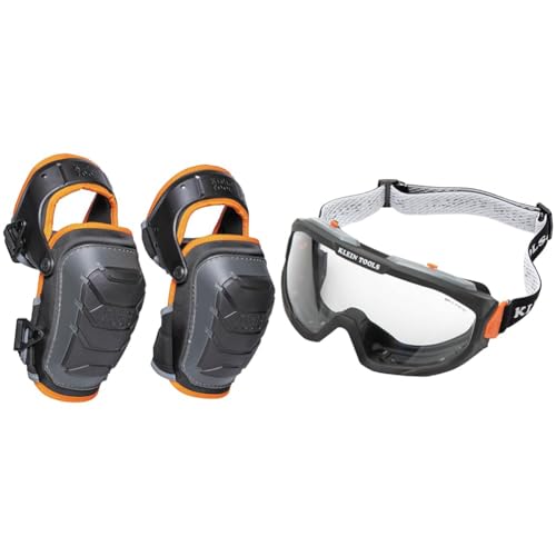 Klein Tools 60491 Hinged Knee Pads, Heavy Duty Gel Foam Protective Knee Pads with Quick-Fasten Buckle and Thigh Strap, Black & 60479 Safety Goggles, Clear Lens PPE Eye Protection