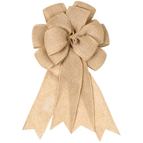 Large Bow for Wreath, 14.9 x 9 Inches Burlap Rustic Tree Topper, Farmhouse Decorations for Home, Already Made Easter Wreath Bow