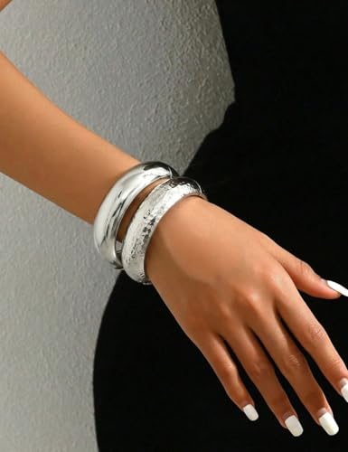 Image of Chunky Gold Bangle Bracelets for Women, Dainty 14k Gold Plated Big Stackable Bangles Set, Trendy Statement Cuff Bracelet Stack Fashion Jewelry Gifts