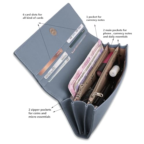 Image of ALSU Women's Hand Wallet Purse Clutch | Phone Pocket | Coin Compartment | Credit Card Slots| Zipper Pocket| Office use| Casual use| Faux Leather (Greyish Blue)