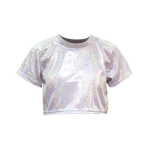 Girls Metallic Sparkle Summer Tops Short Sleeve Sequins Round Neck Shiny Party T-Shirt for Toddler Kids 3-16 Years
