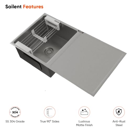 Image of Lorazzo Lustr Stainless Steel 304 Kitchen Sink with Drainboard | 37 x 18 Inch | Silver Finish | Handmade SS Sink with Strainer Basket | Rust Resistant