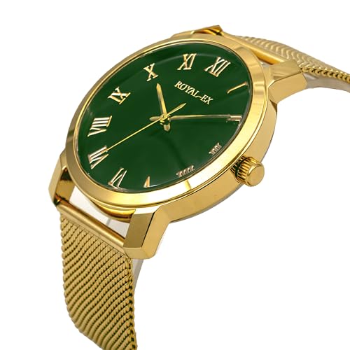 Image of Royalex Mens Golden Watch with Mesh Chain and Green Dial with Roman Numbers