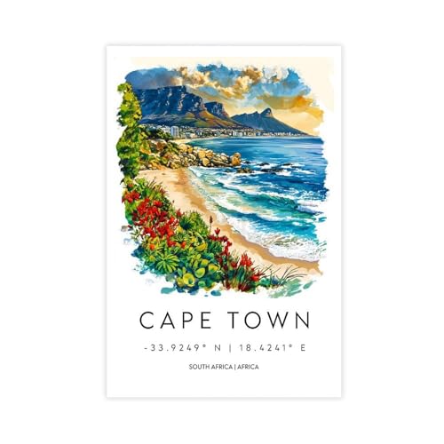 Cape Town Watercolor Poster Wall Art Cape Town Wall Hanging Home Décor Gift Art Lovers South Africa Canvas Posters Vintage Wall Art for Offices Living Rooms Bedrooms Hanging Unframe 16"L X 24"W