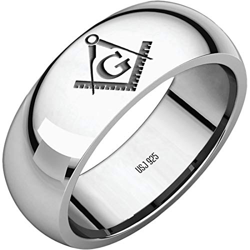 US Jewels Mens 925 Sterling Silver 8mm Half Round Masonic Master Mason Ring Band