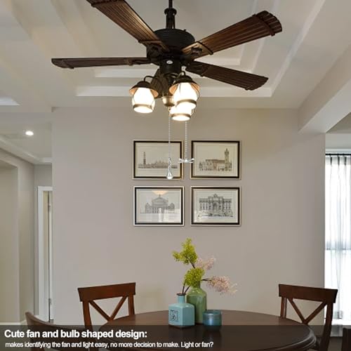 JiA QAQ Ceiling Fan Pull Chain Ornaments, 13.6 Inches Fan Pulls Extension Chains Set, Decorative Metal Light Bulb and Fan Cord, Ultra Long 3mm Diameter Beaded Ball Pull Chains for Lamp