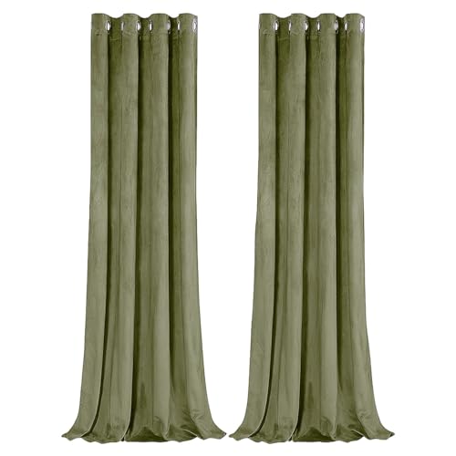 Happy Homewares Olive Green Velvet Blackout Curtains - 46 x 63 Inch Drop - Elegant Eyelet Curtains with Soft Velvet Texture - 2 Panels for Bedroom or Living Room