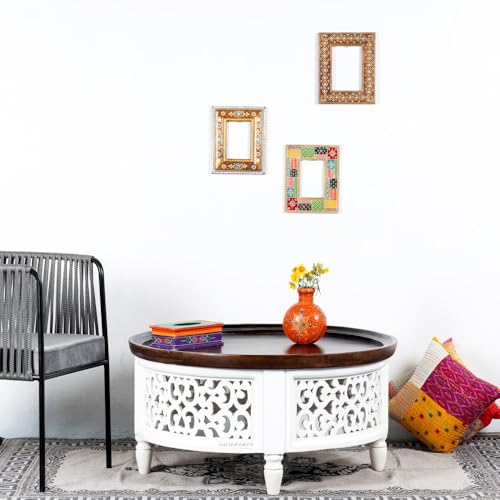 Image of Wooden Carved Coffee Table for Living Room | Center Table for Living Room Furniture | Solid Wood Round Tea Table for Home | Durable & Stylish Coffee Table for Home, Bedroom & Office (White)