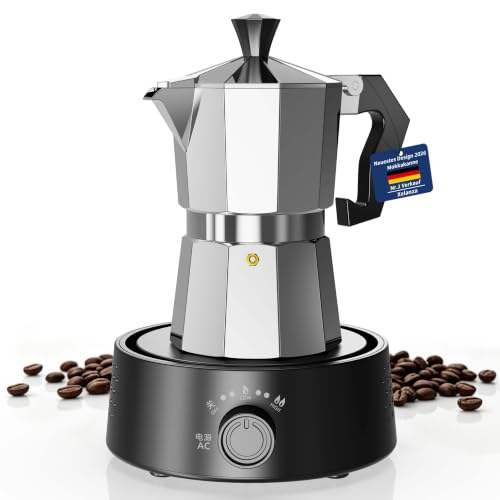 Xelanza elektrischer Espressokocher für 6 Tassen, Elektrischer Mokkakocher, Mini Kochplatte, Warmhaltefunktion, Sicherheitsabschaltung (300ml)