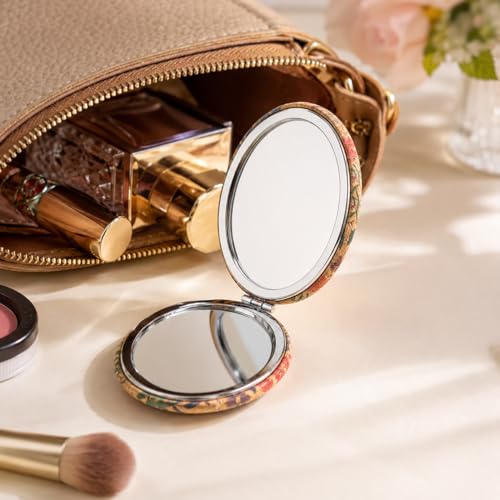 Image of Floral Cork Compact Mirror for Women | Oval Dual-Sided Folding Makeup Mirror | Portable Travel Pocket Mirror with Magnifying Mirror | Lightweight Cosmetic Mirror for Purse & Handbag (Floral)