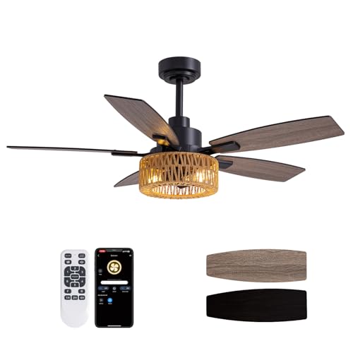 46-Inch Boho Rattan Ceiling Fan with Lights and Remote