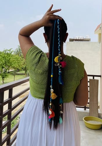 Image of Zippy Flora Boho Handmade Colorful Hair Strings for Navratri, Ethnic Look & Bohemian Styling, Blue Braided Thread Hairband & Hair Extensions, Full Length 20-22 Inch Hair Accessories