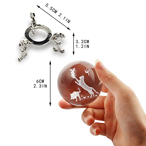 Zuhera Crystal Ball With Stand 60Mm 3D Engraved Decorative Glass Sphere Paperweight(Clear),Cat,60Mm #TOP2