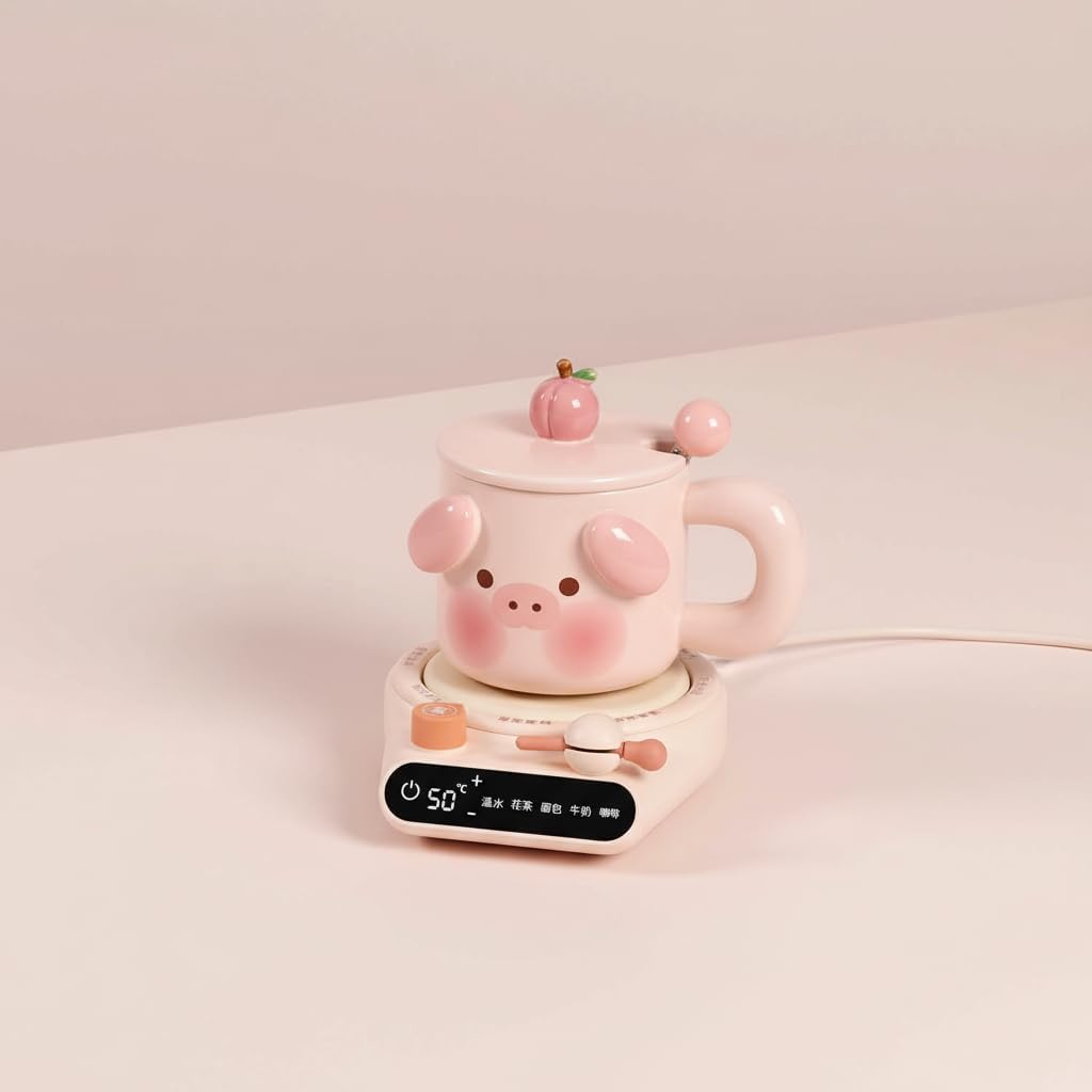Women's Cute Piggy Ceramic Coffee Mug Warmer Set Heated Coaster Gift for Girlfriend, Keeps Beverages Warm (Pink)