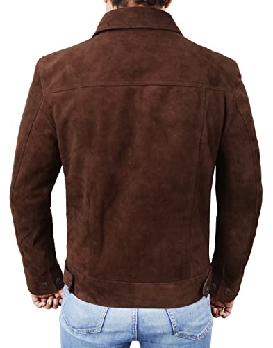 Image of Mens Premium Brown Suede Leather Trucker Jacket - Vintage Classic Motorcycle Western Goat Leather Coat