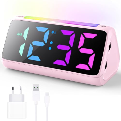 Despertador digital, despertador digital para niños con luz, pantalla LED colorida, 0 100 % de intensidad de intensidad, 2 alarmas, repetición, 3 volúmenes, puerto de carga USB, despertador infantil