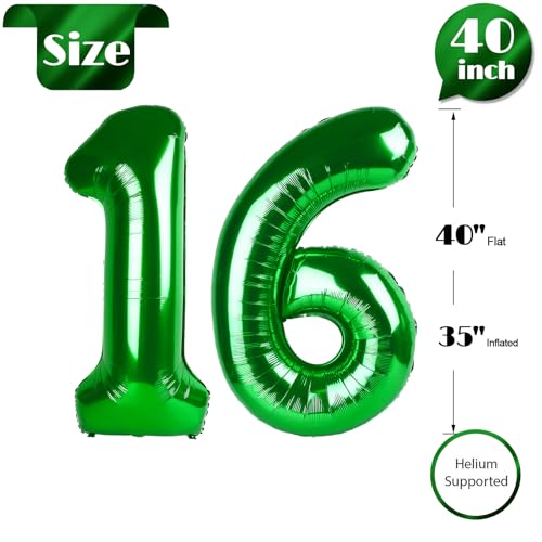 Image of Green Number 16 Balloon 40 Inch, 16th Birthday Party Decorations Men Women