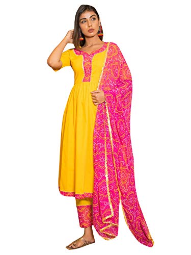 Indian Kurti for Womens With Pant | Rayon Printed Kurta Dupatta Kurtis Dress For Women Tops Tunic Yellow