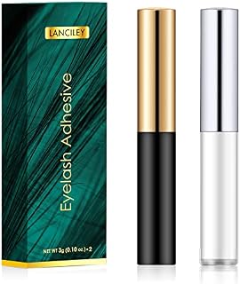 Lanciley Eyelash Glue Clear & Black 3g*2 0.1oz Strong Hold False Eyelash Glue with Brush Applicator Lash Adhensive Glue for Strip Lash Cluster Lashes Glue Waterproof Fast Drying