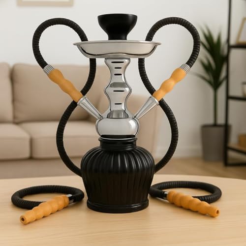 Image of FAB HOME DECOR QT Econo Dual Hose Hookah | Designer Double Pipe Aluminium Stem 12 Inch Glass, Steel Hookah Set For Heavy Smoke | Perfect for Party Lovers (Black)