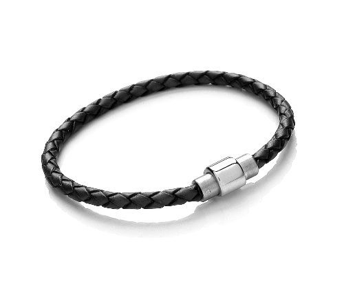 Image of Kids or Petite Woman's Size 18cm Black Leather Bracelet with Magnetic Clasp. Great Gift by Tribal Steel