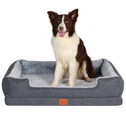KYG Cama Perro Grande con Forro Impermeable y Espuma de Soporte ortopédico,Forrada con Piel de Imitación Ultra Lujosa Sofá Perro Ortopédica Desenfundable y Lavable,Gris Azulado, 90 * 70 * 20cm