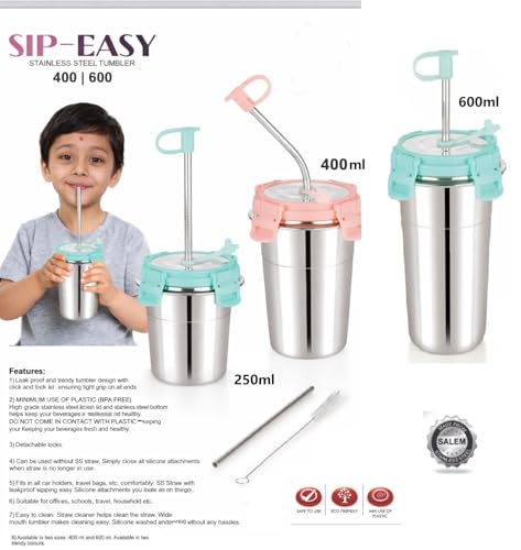 Image of Stainless Steel Fusion Glass Tumbler with Stainless Steel Metal Straws and Cleaning Brush with Steel Lid (SIP Easy (2) 400ML)