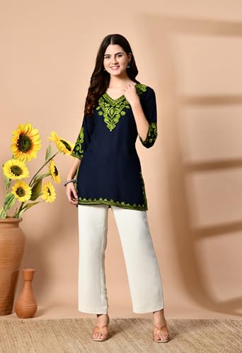 Image of LIBOZA Embroidered Kashmiri Tunic Top, Short Kurti for Women on Jeans, V-Neck, 3 /4 Sleeve, Floral Design,