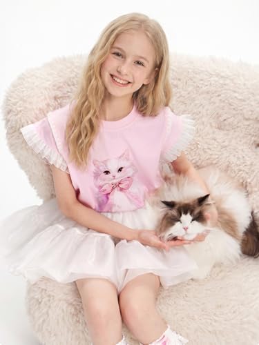Image of Girls Ruffle Sleeves Shirt Cat Graphic Tee Cute Summer Short Sleeve Top for Teens 6-16Y