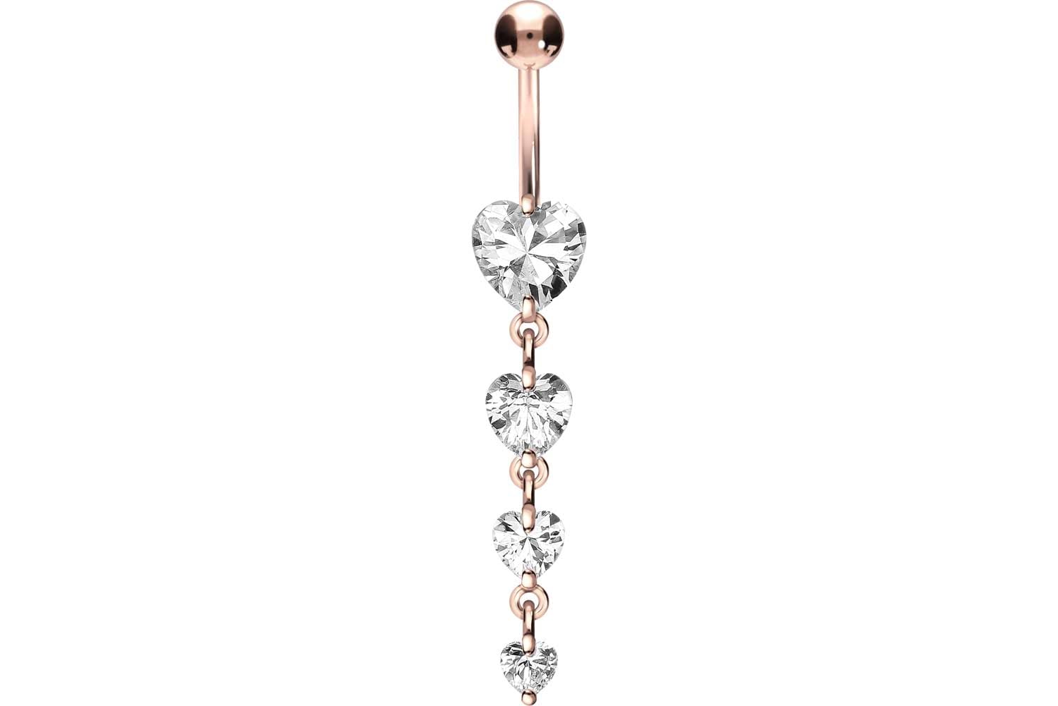 PIERCINGLINE Navelpiercing van chirurgisch staal met 4 kristallen harten hangend - bananabell piercing in goud, roze of zilver, Klein, Zirkonia