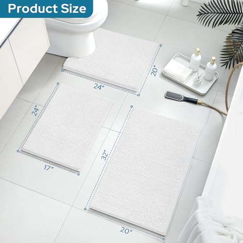 Image of BYSURE White Bathroom Rugs Sets 3 Piece Non Slip Extra Absorbent Plush Chenille Soft Washable Bath Mats